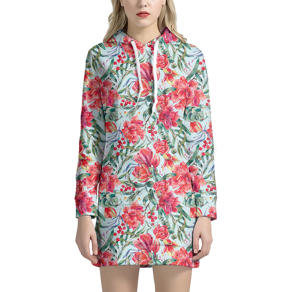 Red Amaryllis Pattern Print Hoodie Dress