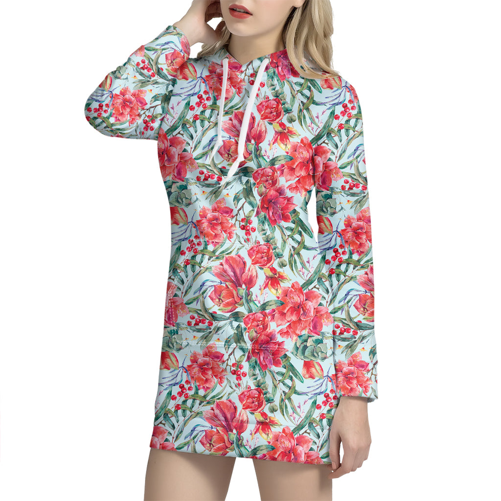 Red Amaryllis Pattern Print Hoodie Dress