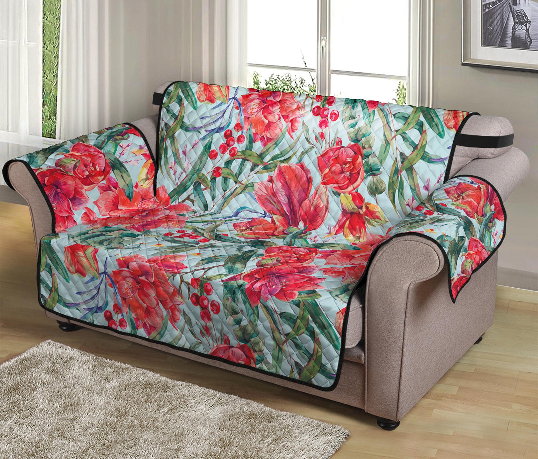 Red Amaryllis Pattern Print Loveseat Protector