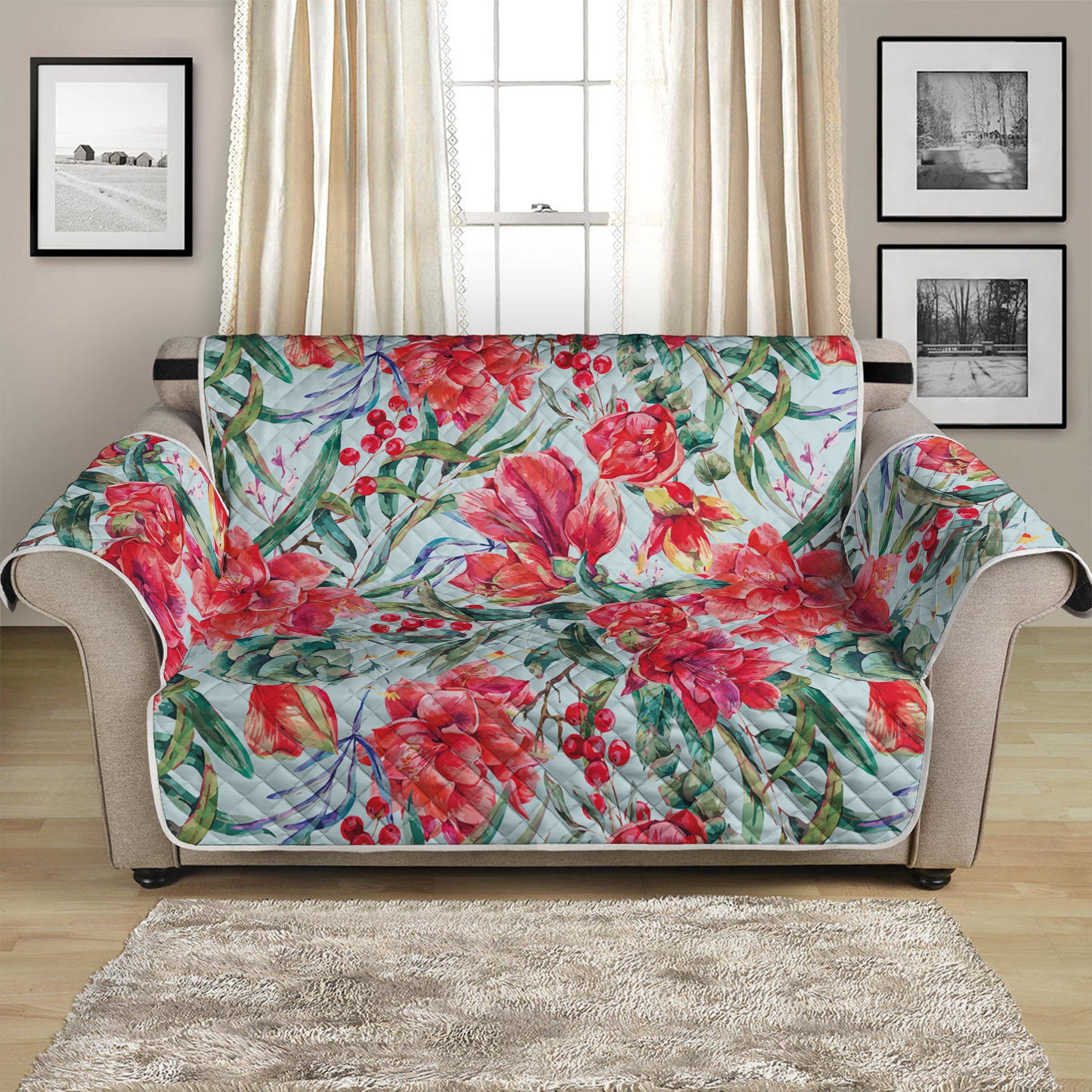 Red Amaryllis Pattern Print Loveseat Protector