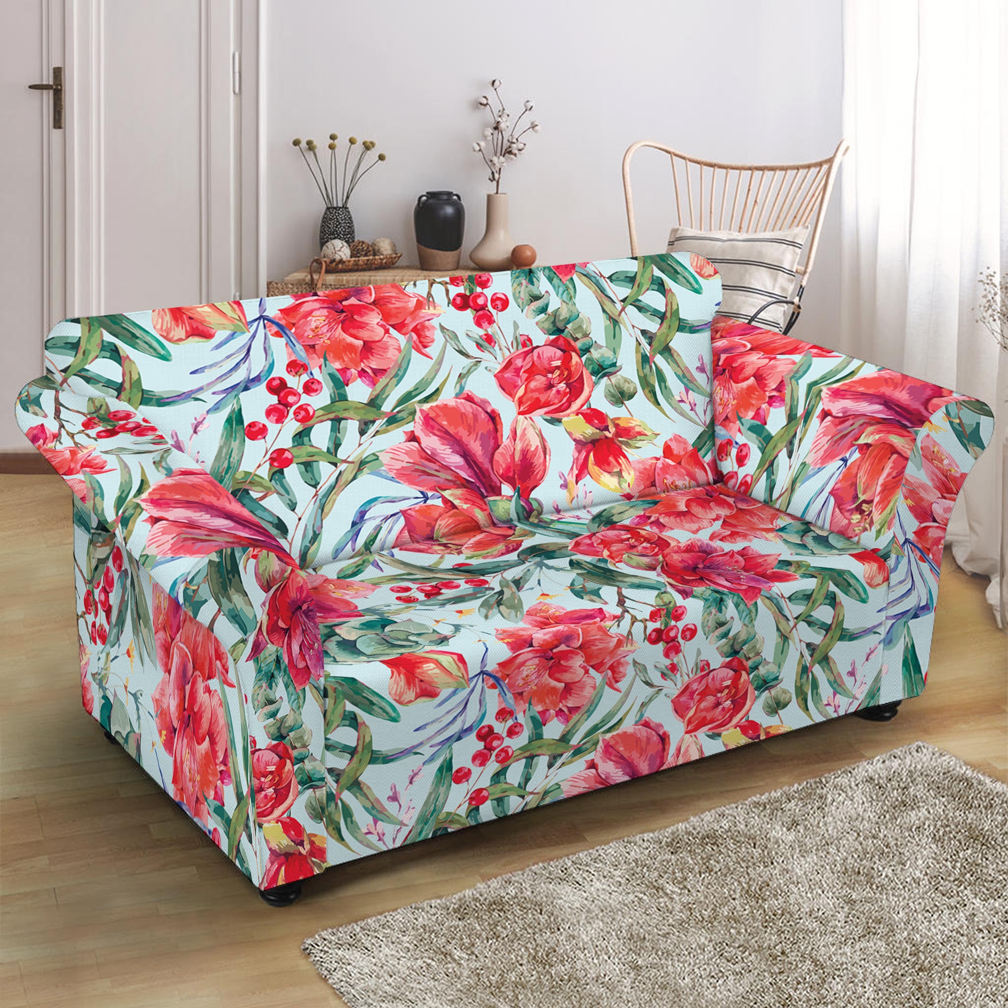 Red Amaryllis Pattern Print Loveseat Slipcover