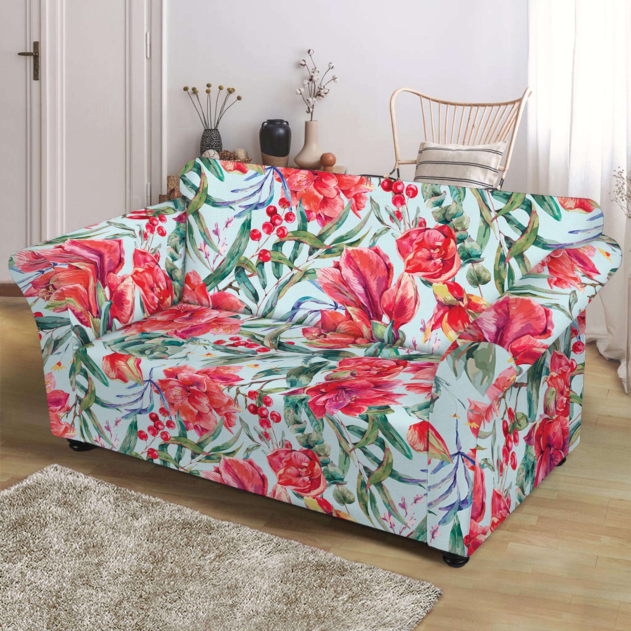 Red Amaryllis Pattern Print Loveseat Slipcover