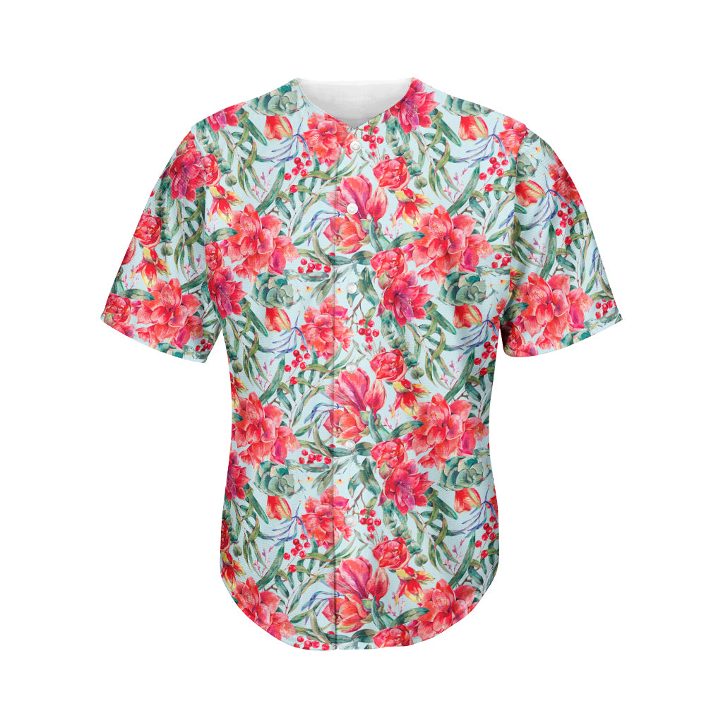 Red Amaryllis Pattern Print Men's Baseball Jersey