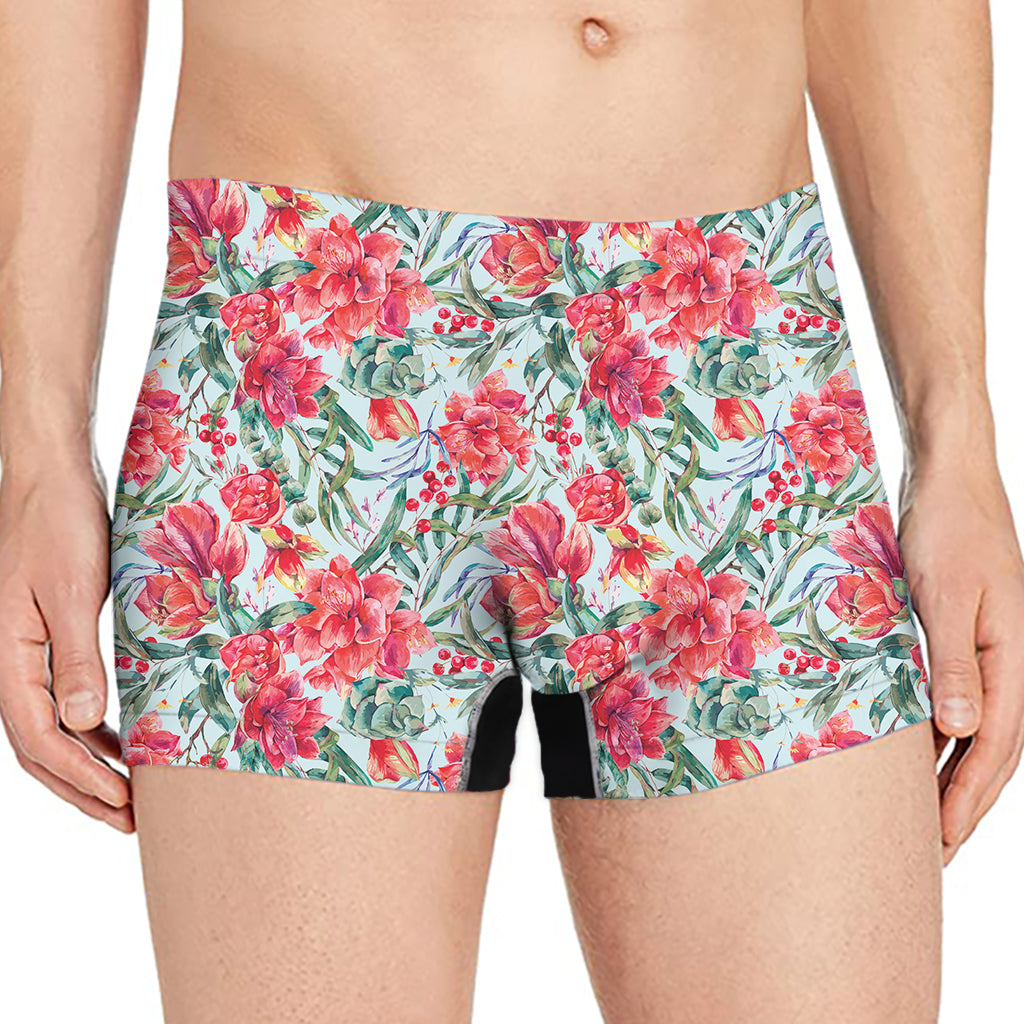 Red Amaryllis Pattern Print Men's Boxer Briefs