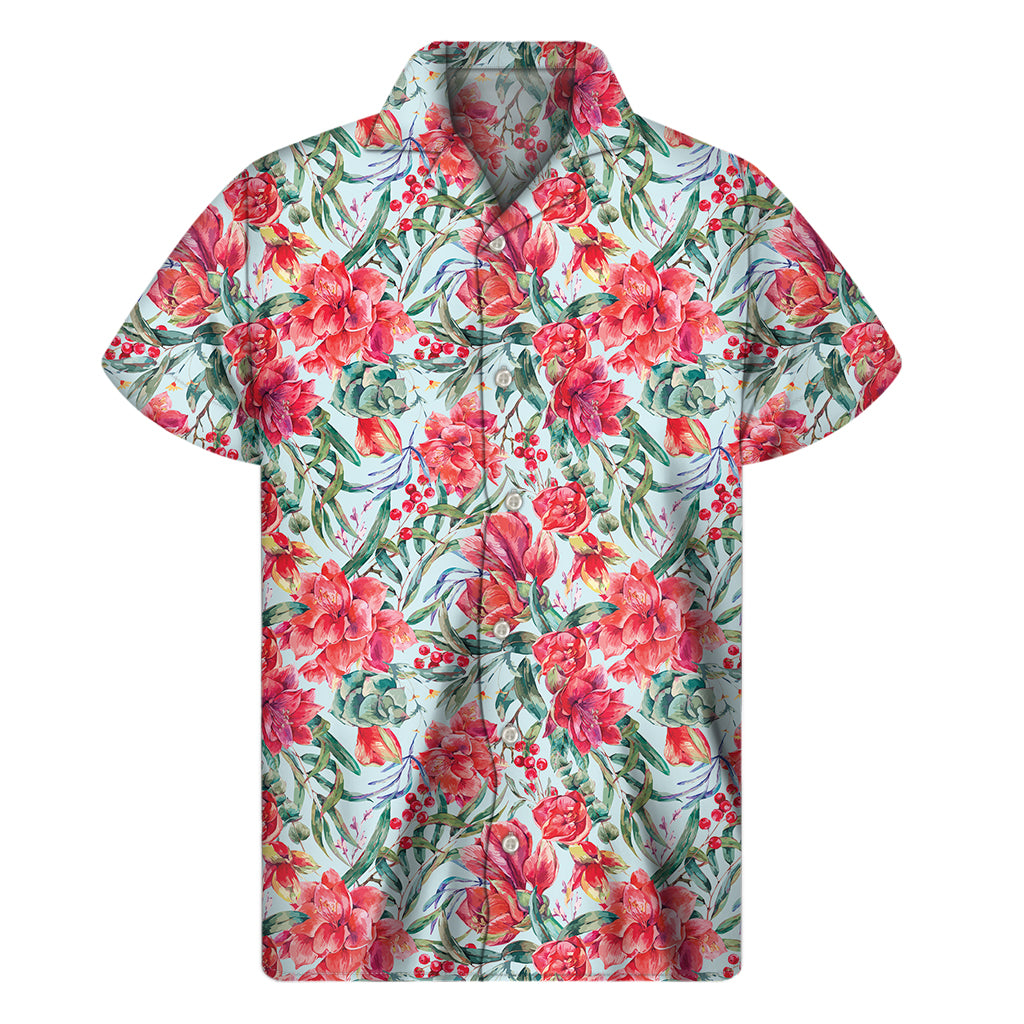 Red Amaryllis Pattern Print Men's Short Sleeve Shirt