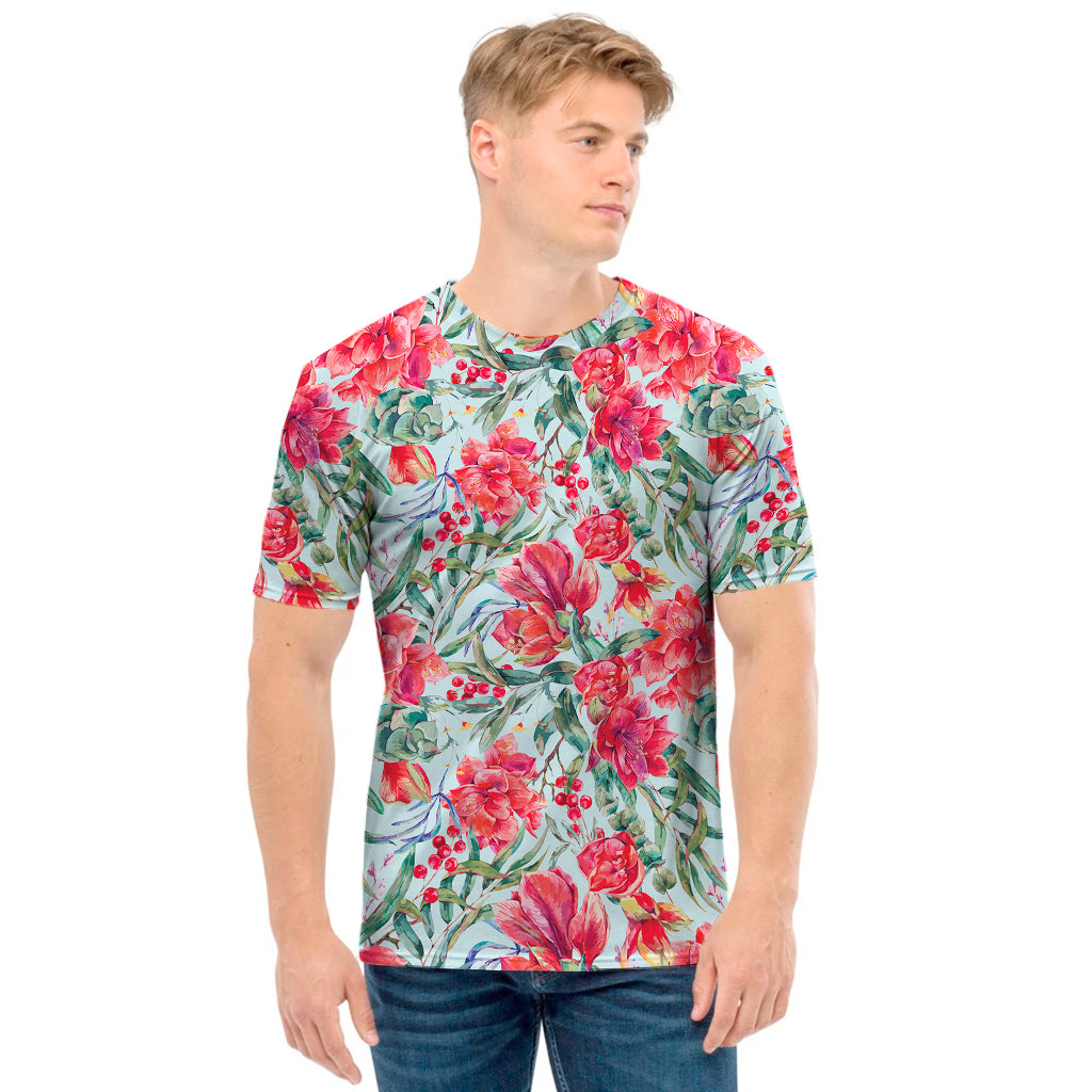 Red Amaryllis Pattern Print Men's T-Shirt