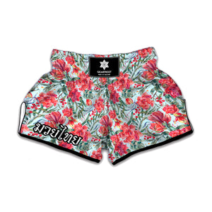 Red Amaryllis Pattern Print Muay Thai Boxing Shorts