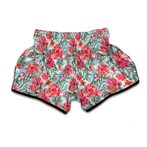 Red Amaryllis Pattern Print Muay Thai Boxing Shorts