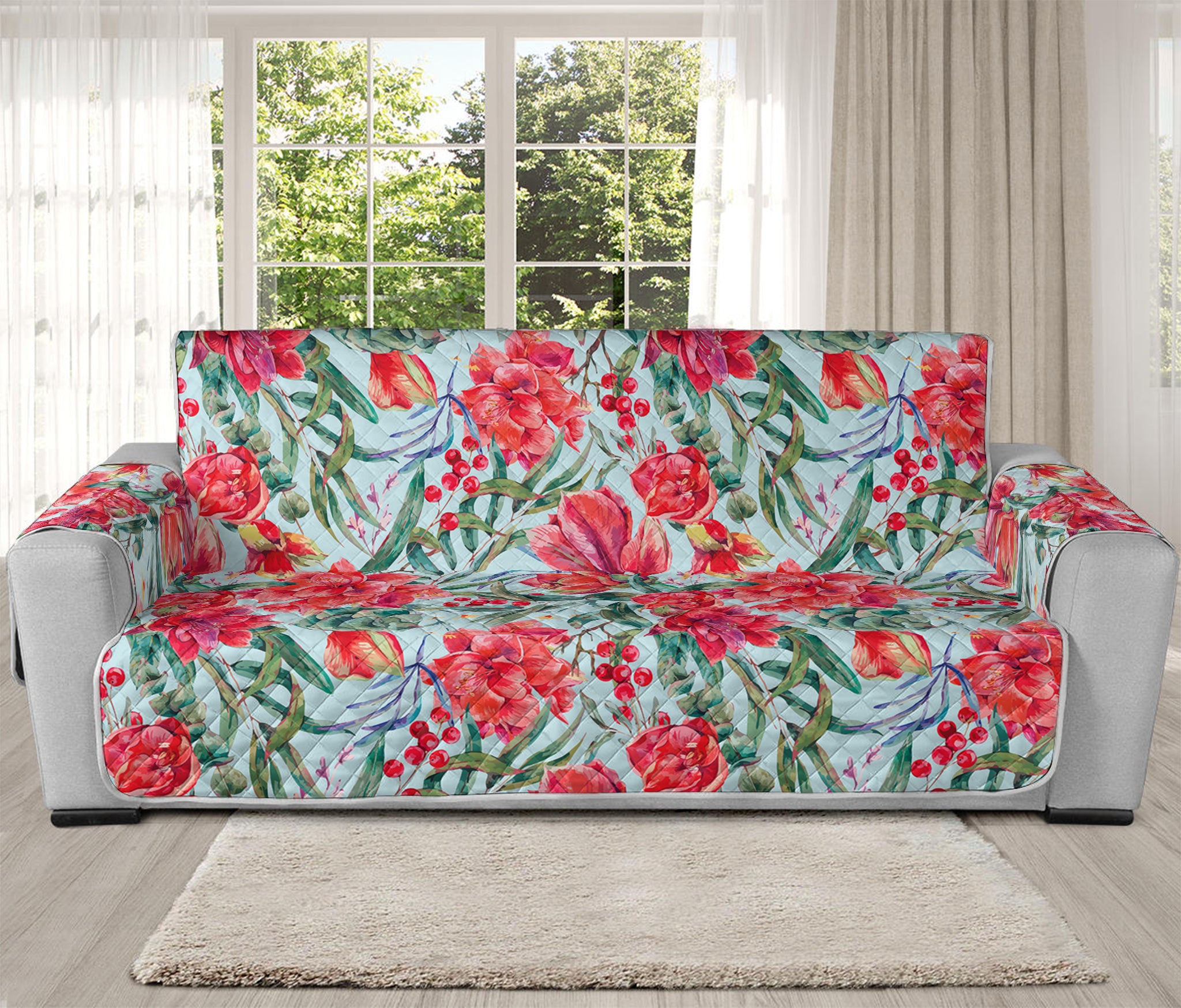 Red Amaryllis Pattern Print Oversized Sofa Protector