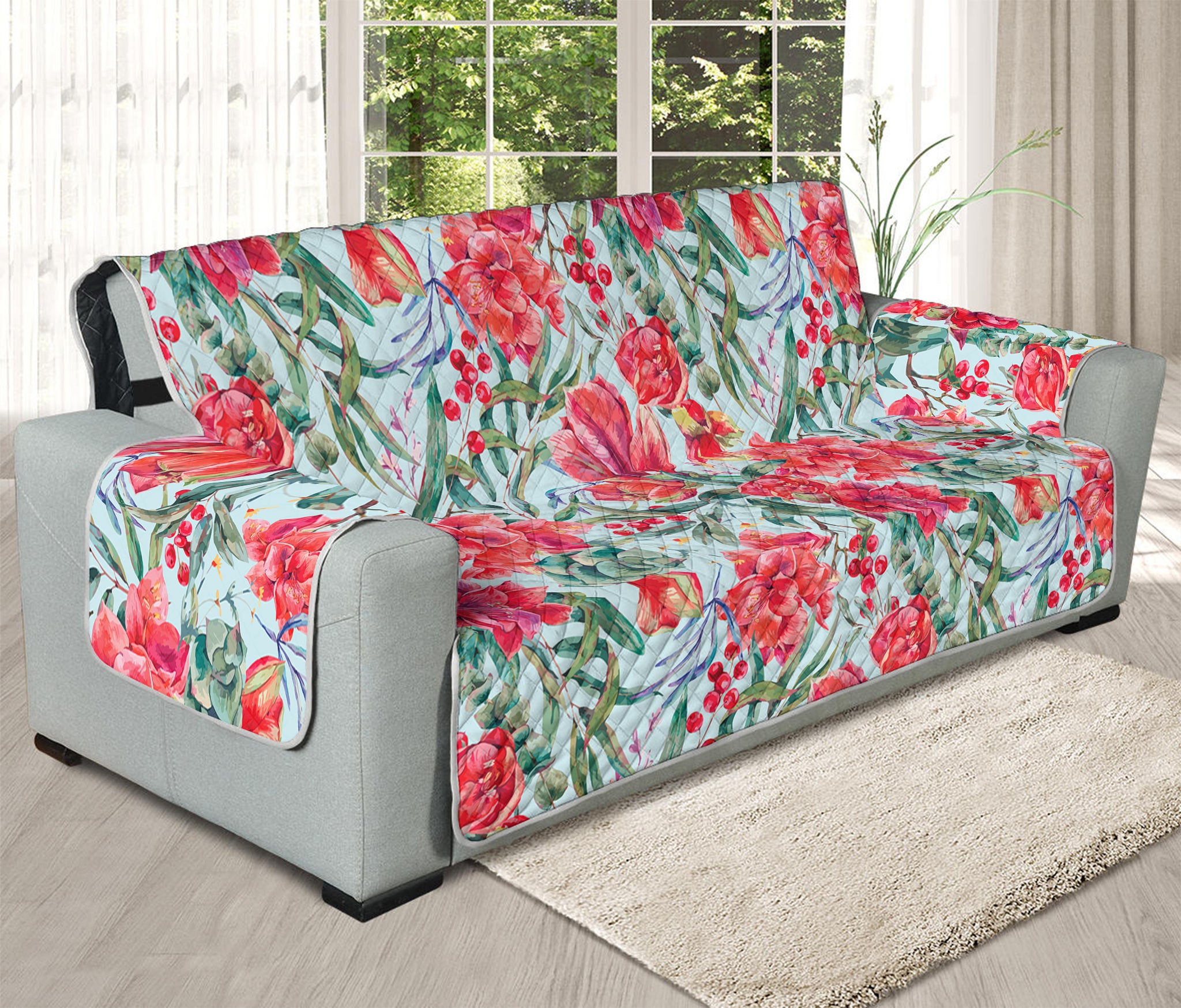 Red Amaryllis Pattern Print Oversized Sofa Protector