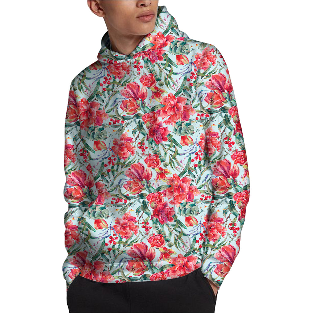 Red Amaryllis Pattern Print Pullover Hoodie