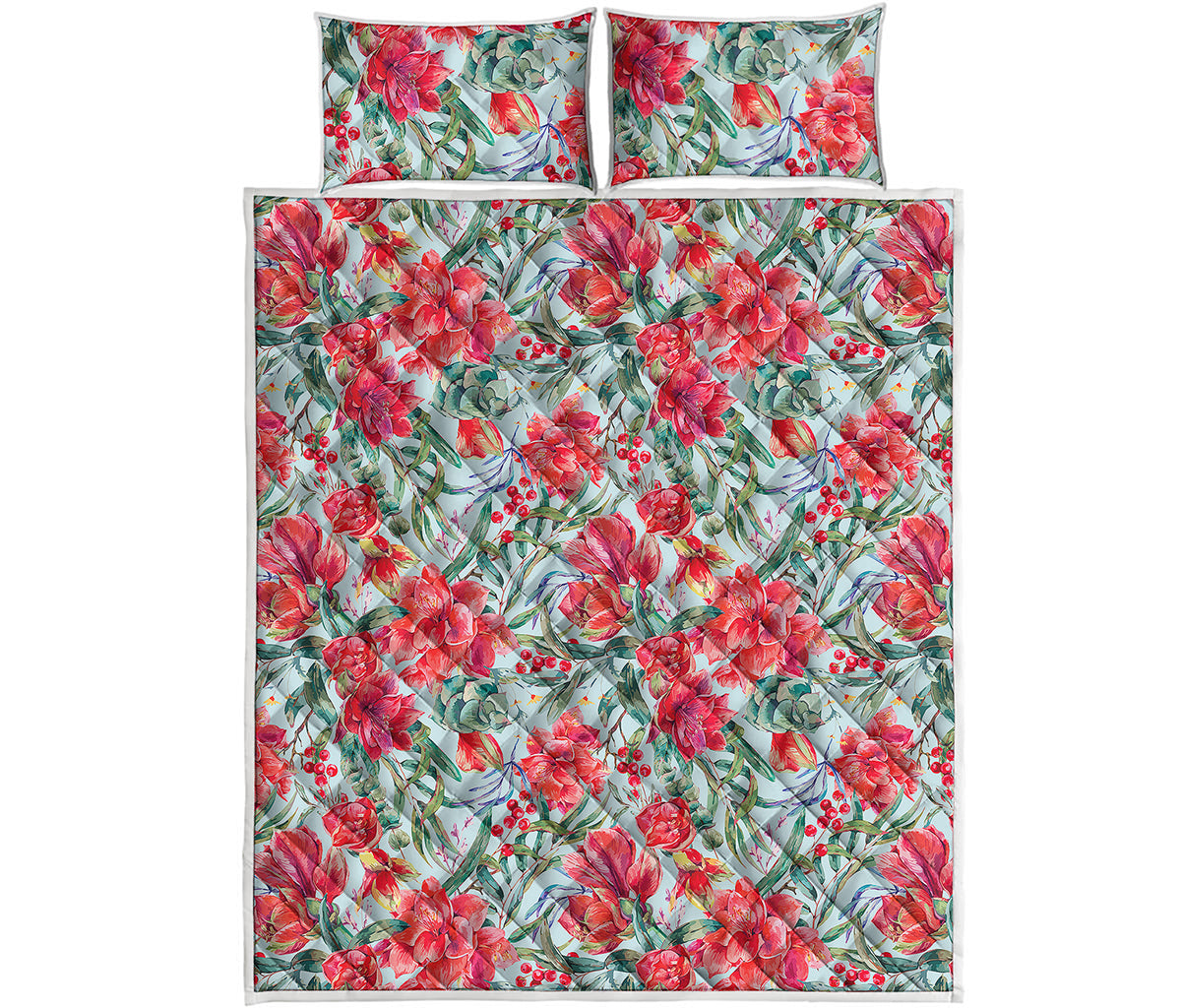 Red Amaryllis Pattern Print Quilt Bed Set