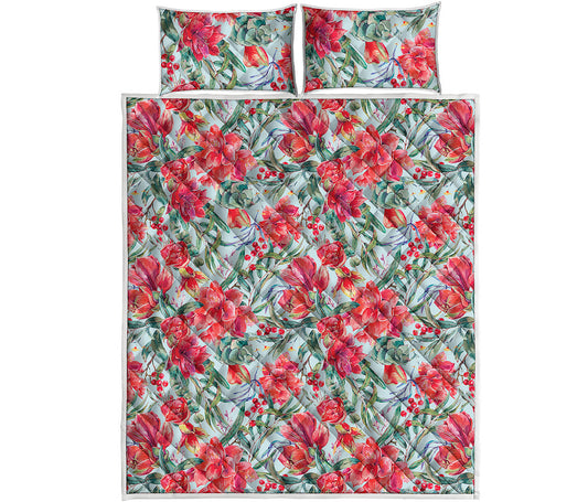 Red Amaryllis Pattern Print Quilt Bed Set
