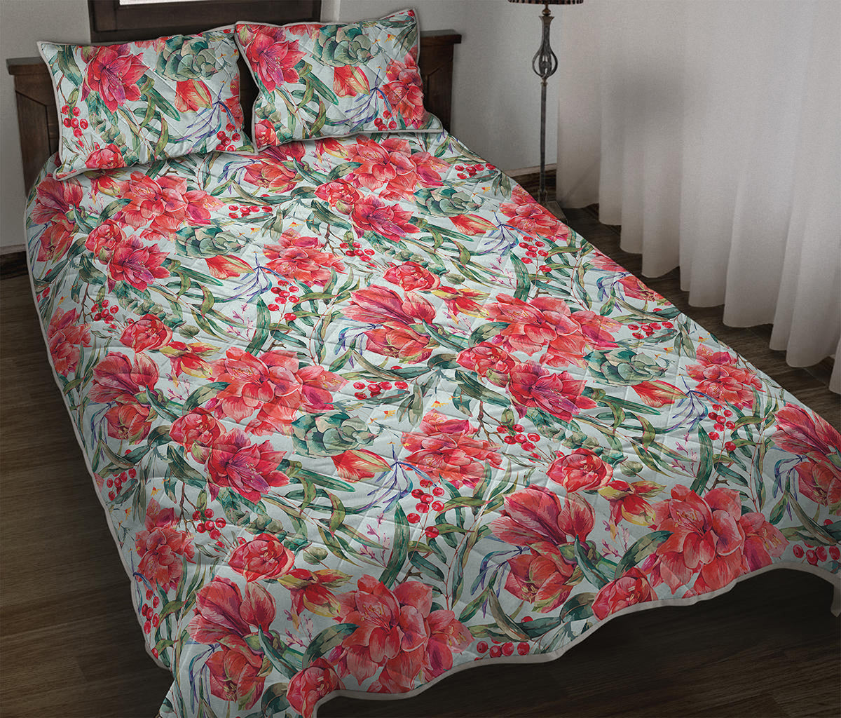 Red Amaryllis Pattern Print Quilt Bed Set