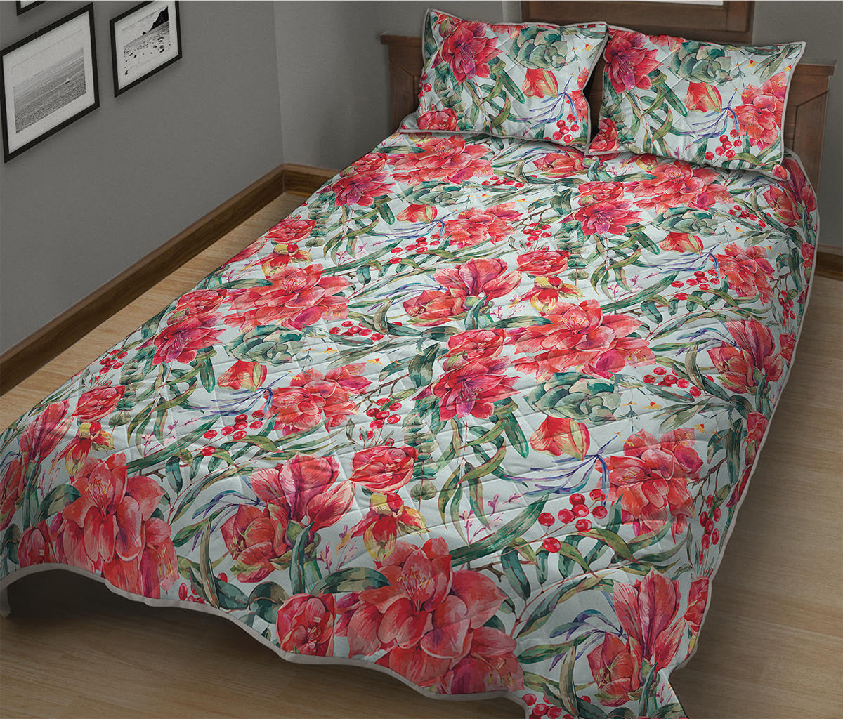 Red Amaryllis Pattern Print Quilt Bed Set