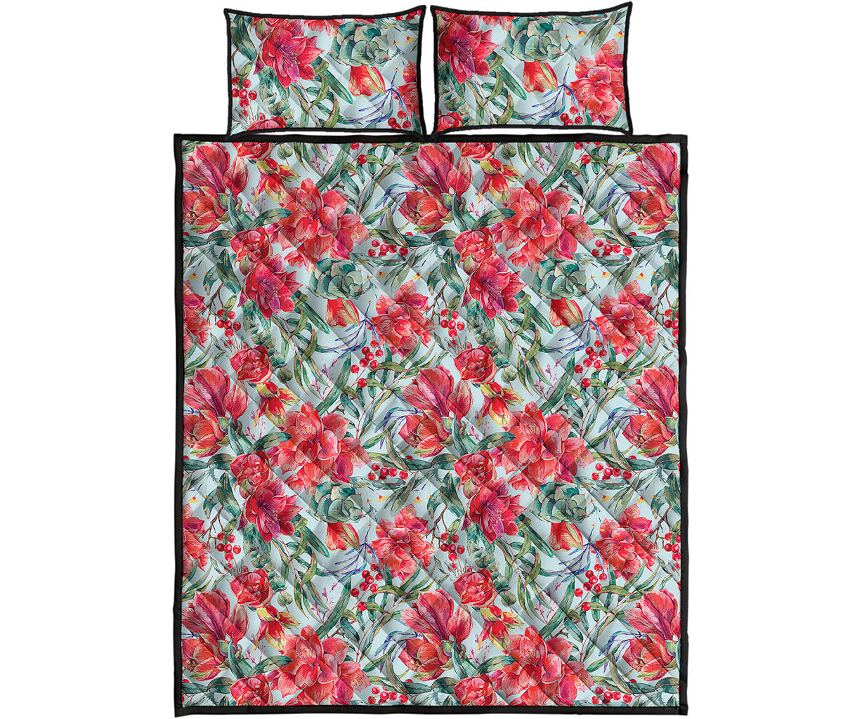 Red Amaryllis Pattern Print Quilt Bed Set