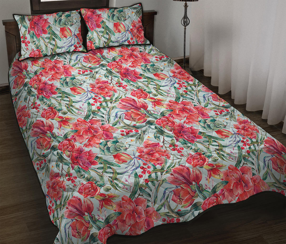 Red Amaryllis Pattern Print Quilt Bed Set