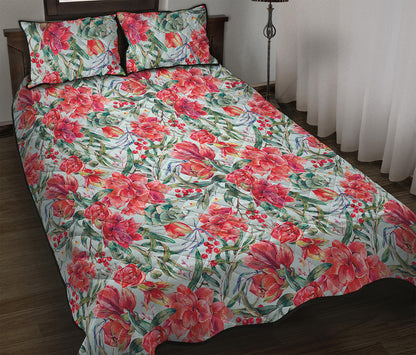 Red Amaryllis Pattern Print Quilt Bed Set