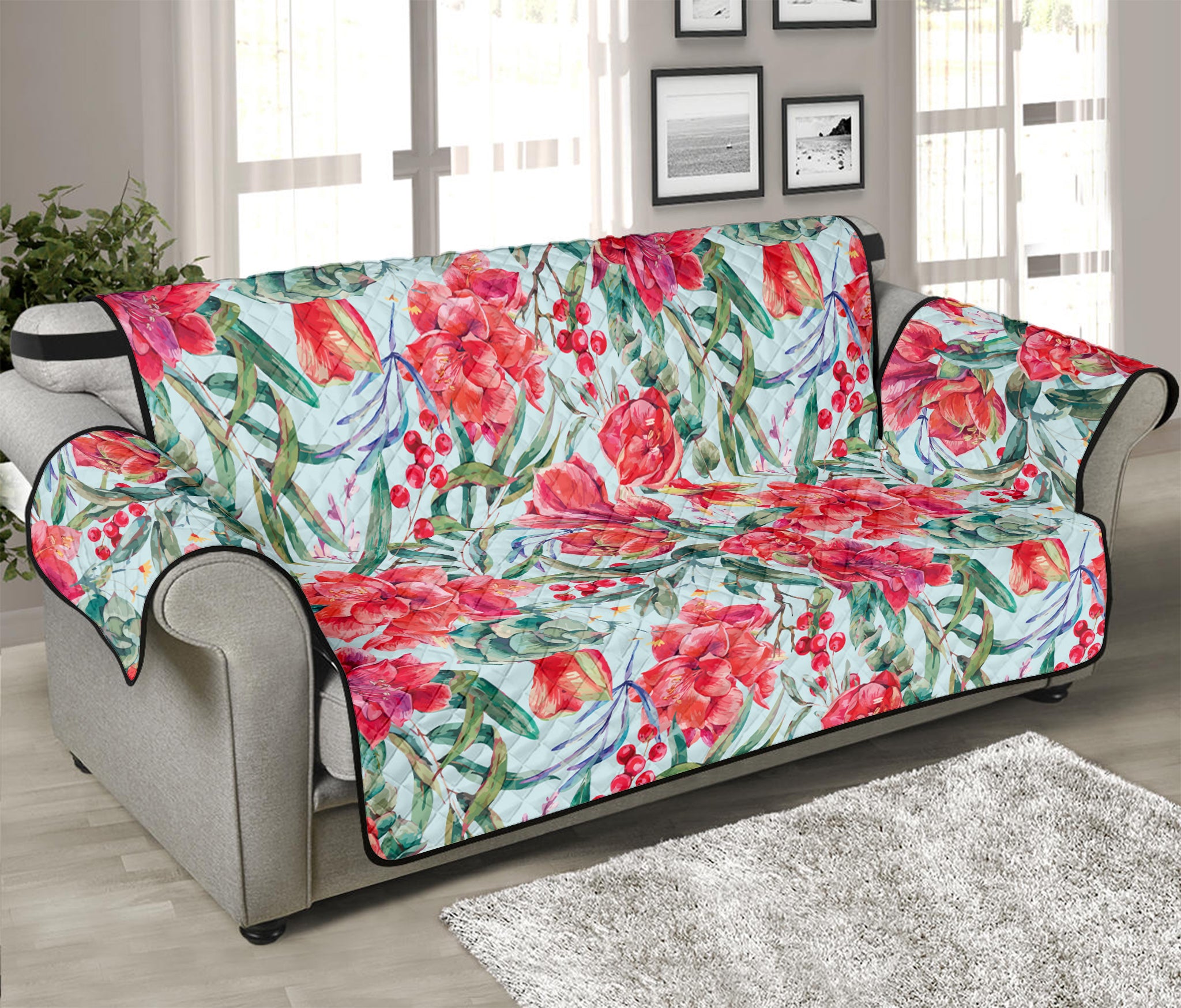 Red Amaryllis Pattern Print Sofa Protector