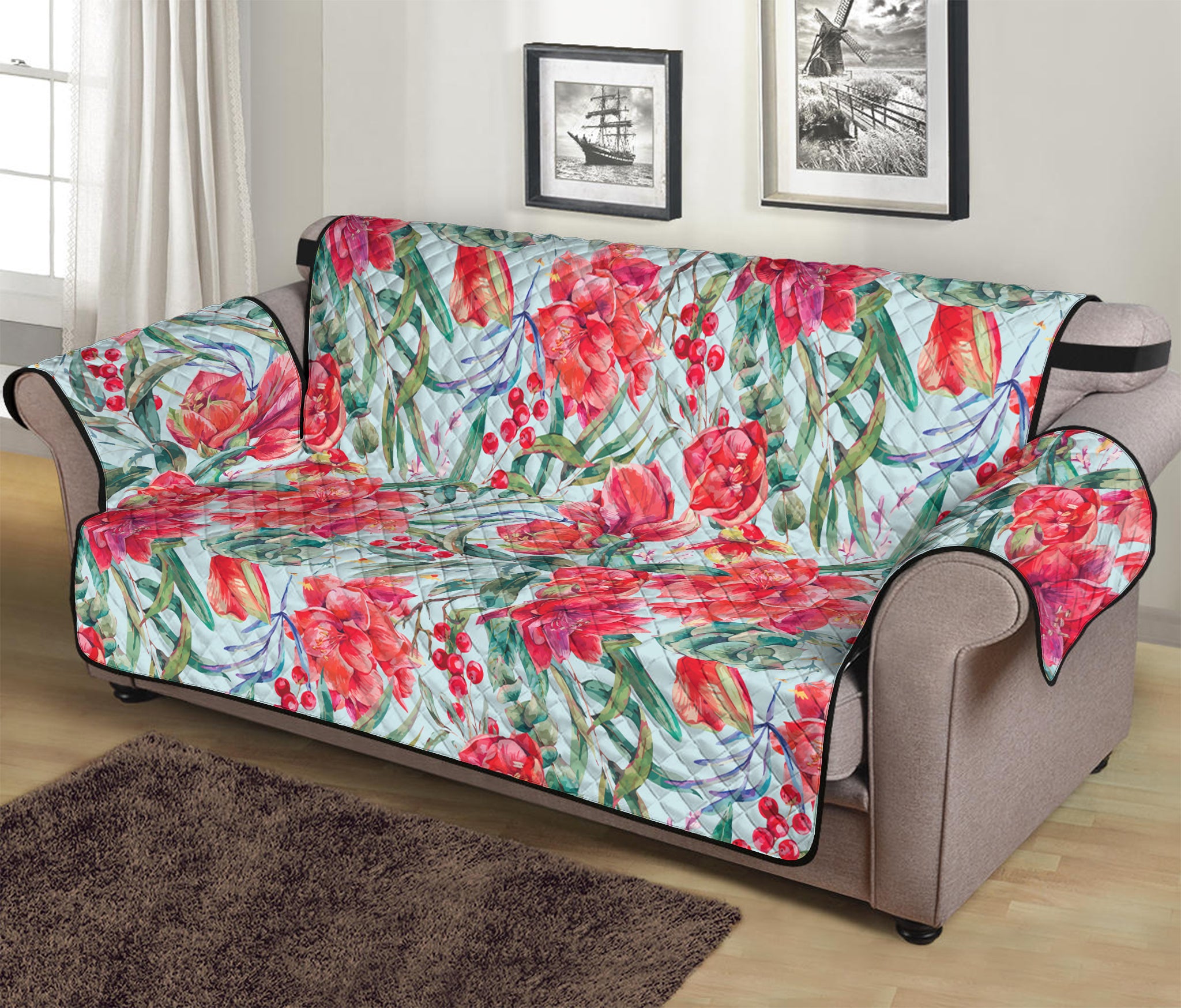 Red Amaryllis Pattern Print Sofa Protector