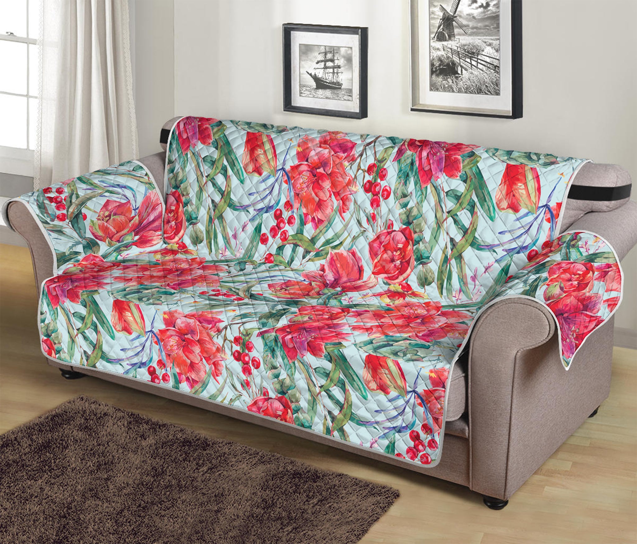 Red Amaryllis Pattern Print Sofa Protector