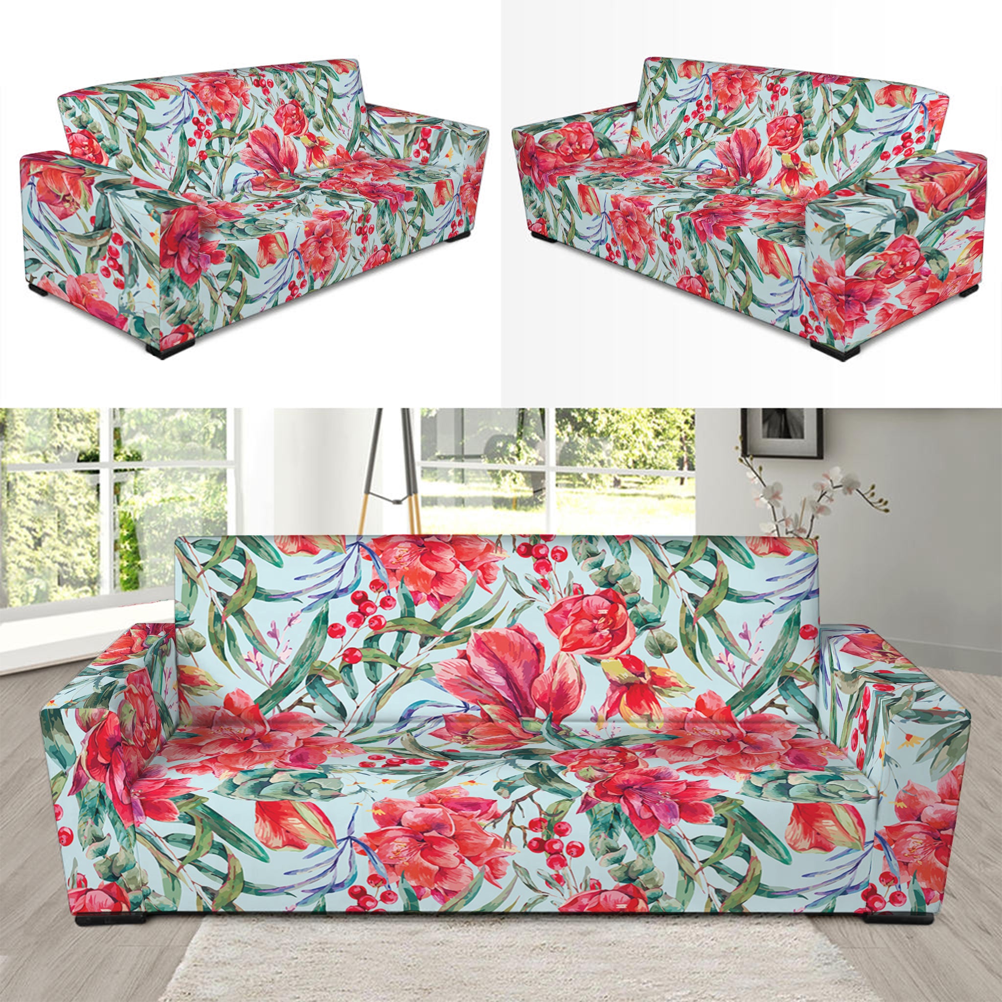 Red Amaryllis Pattern Print Sofa Slipcover