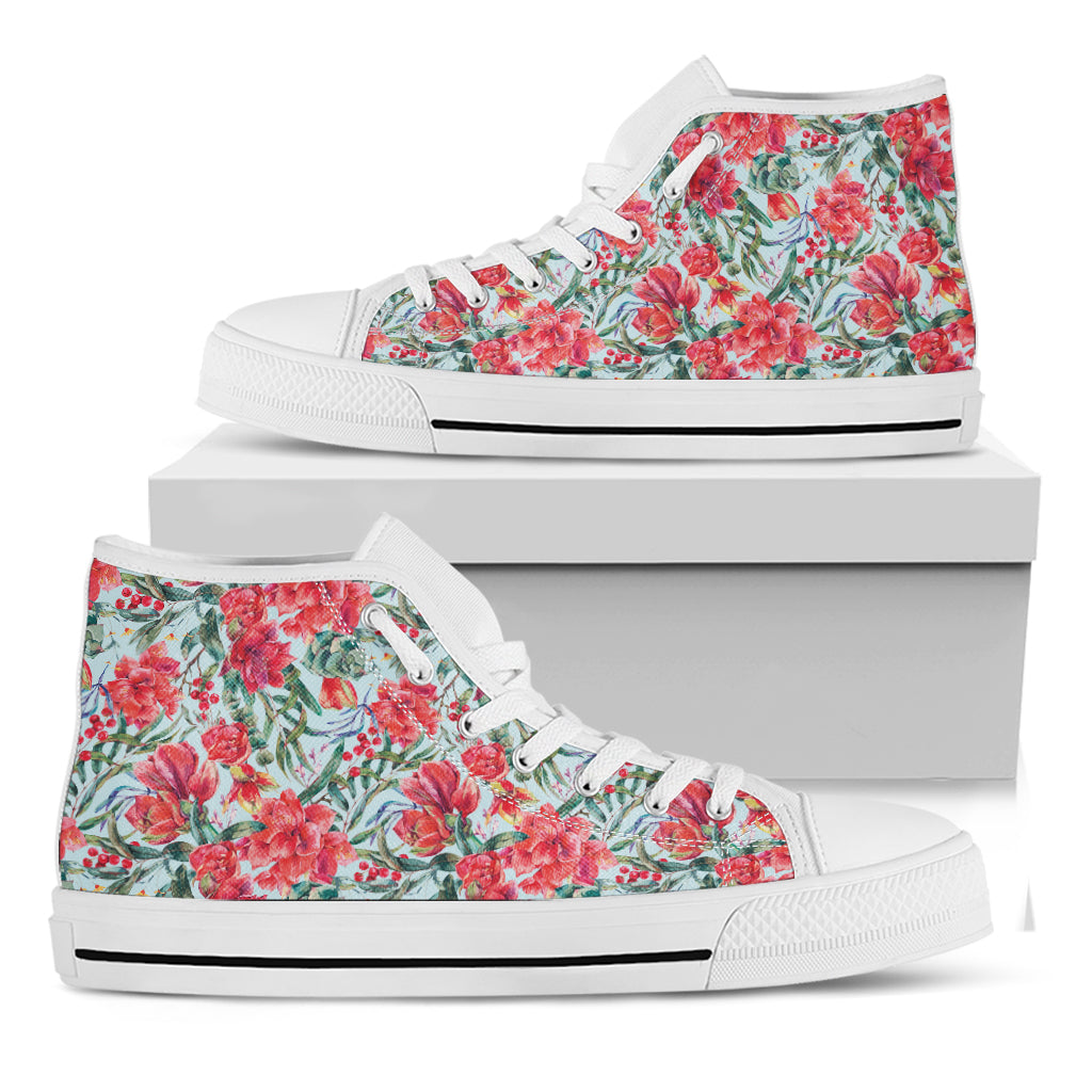 Red Amaryllis Pattern Print White High Top Shoes