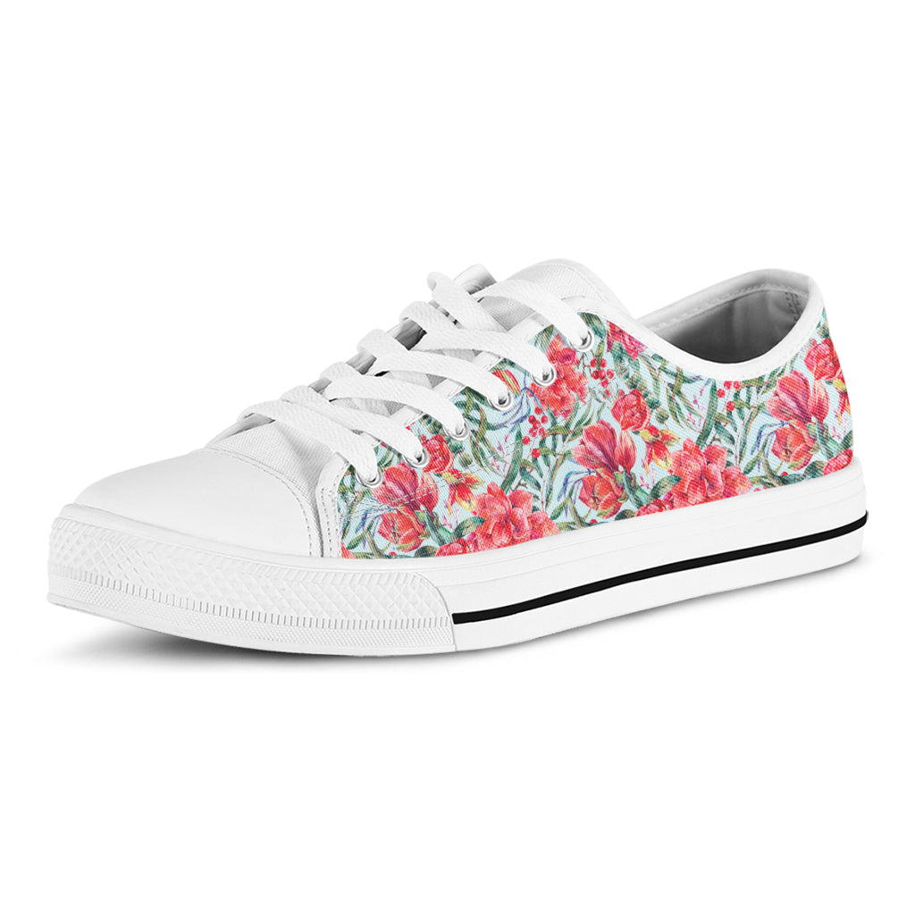 Red Amaryllis Pattern Print White Low Top Shoes