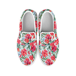 Red Amaryllis Pattern Print White Slip On Shoes