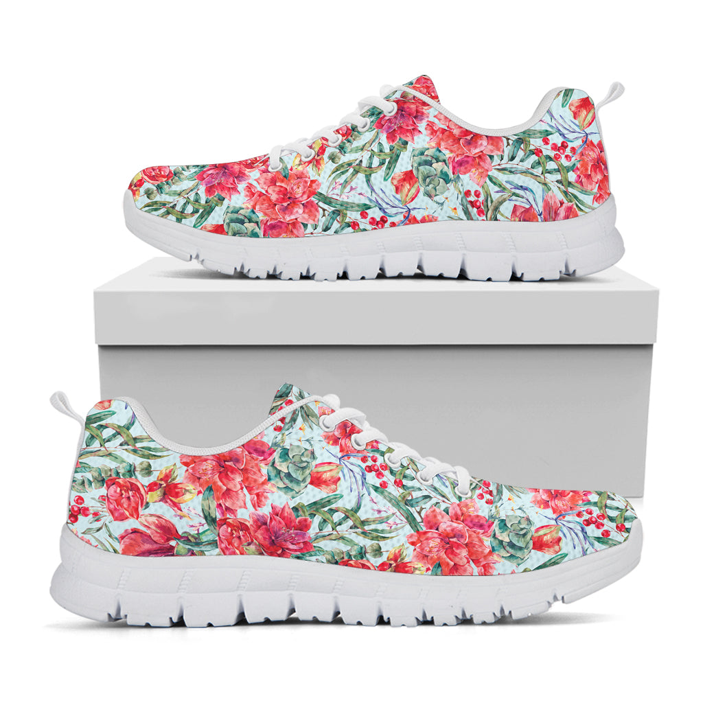 Red Amaryllis Pattern Print White Sneakers