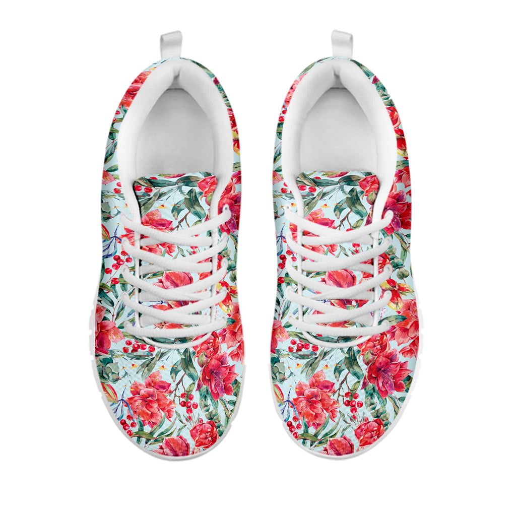 Red Amaryllis Pattern Print White Sneakers