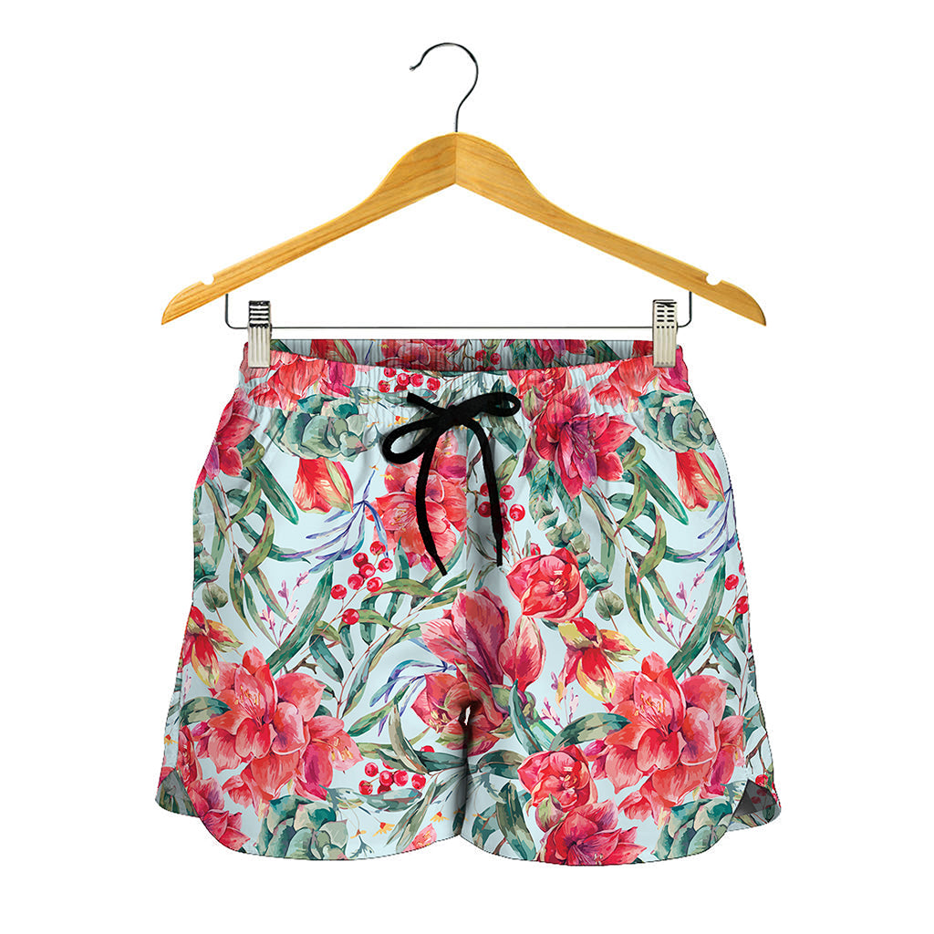 Red Amaryllis Pattern Print Women's Shorts