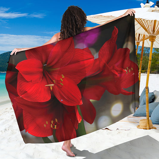 Red Amaryllis Print Beach Sarong Wrap