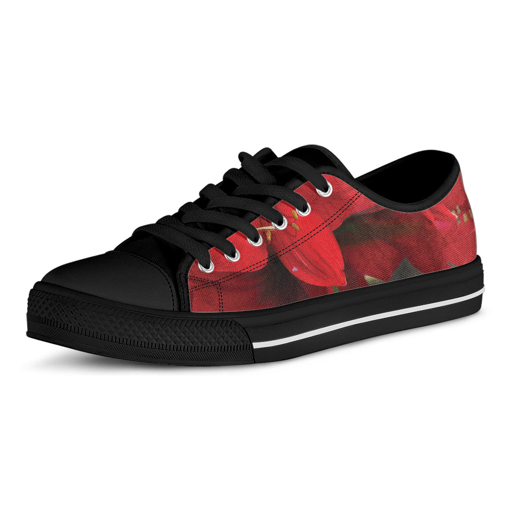 Red Amaryllis Print Black Low Top Shoes