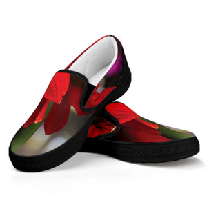 Red Amaryllis Print Black Slip On Shoes