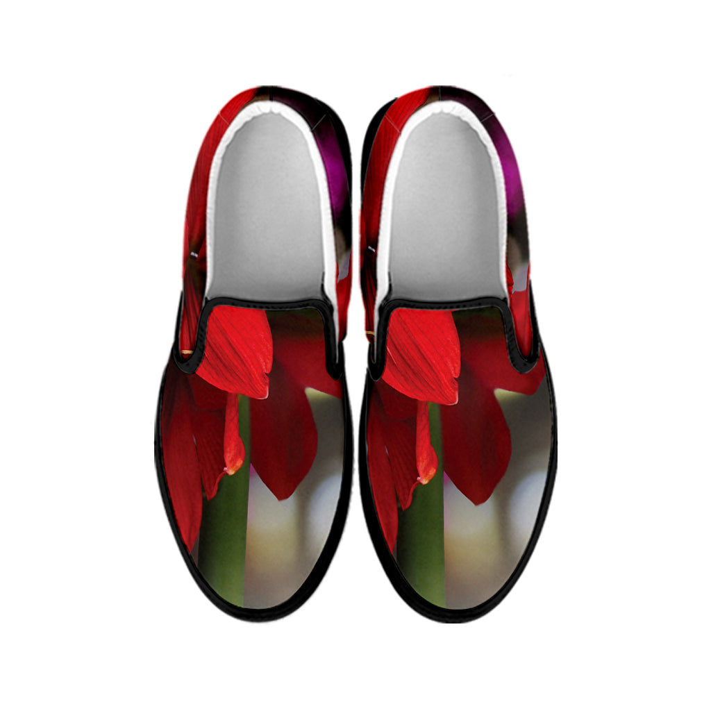 Red Amaryllis Print Black Slip On Shoes