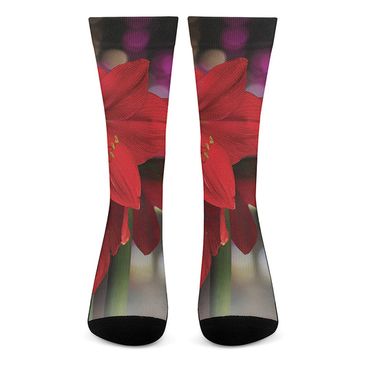 Red Amaryllis Print Crew Socks