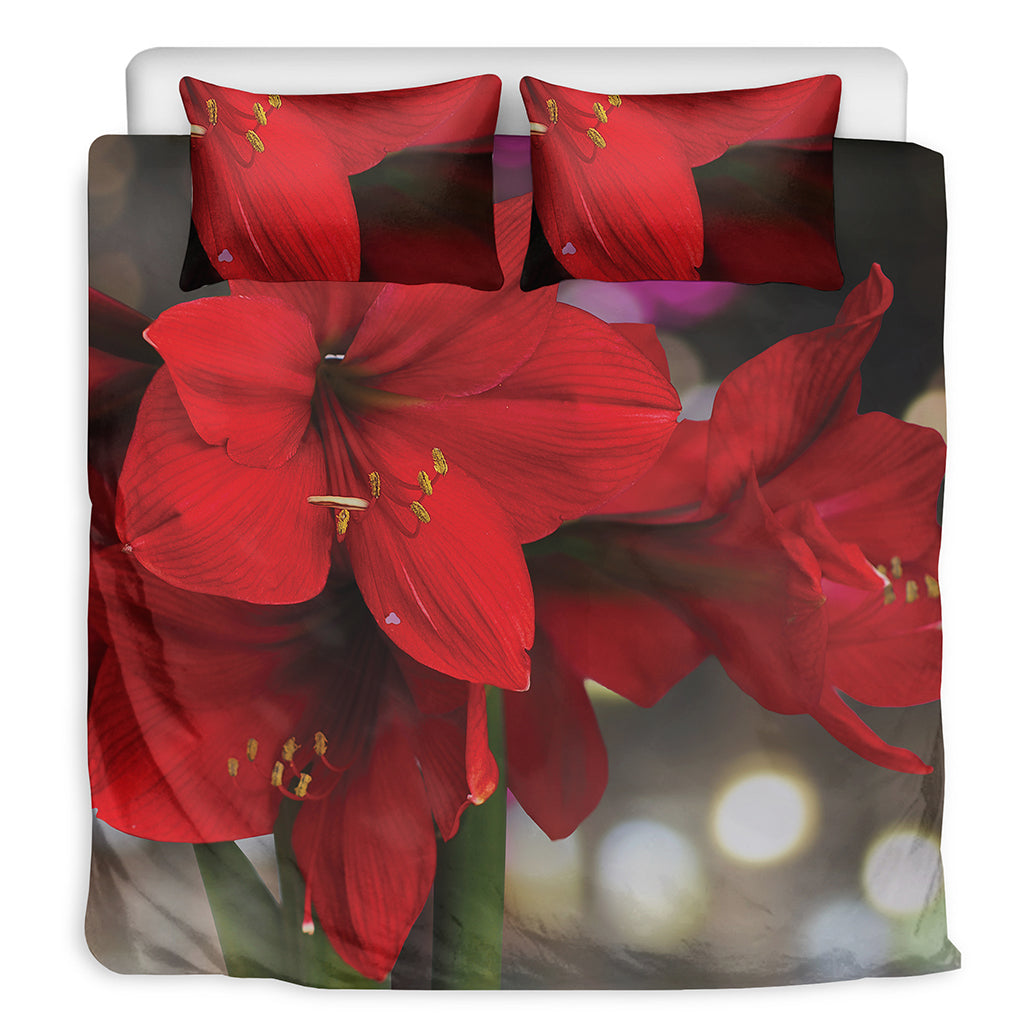 Red Amaryllis Print Duvet Cover Bedding Set