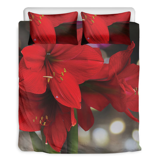 Red Amaryllis Print Duvet Cover Bedding Set