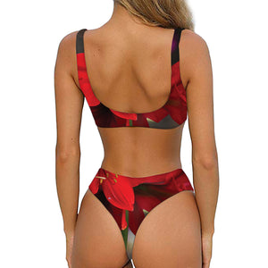 Red Amaryllis Print Front Bow Tie Bikini