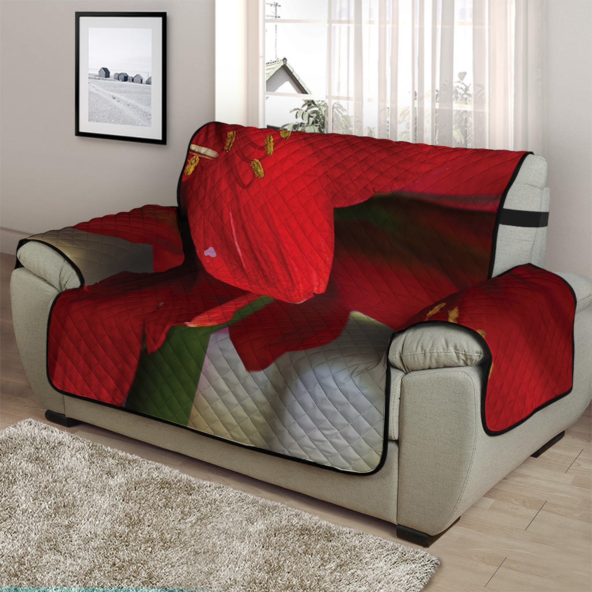 Red Amaryllis Print Half Sofa Protector