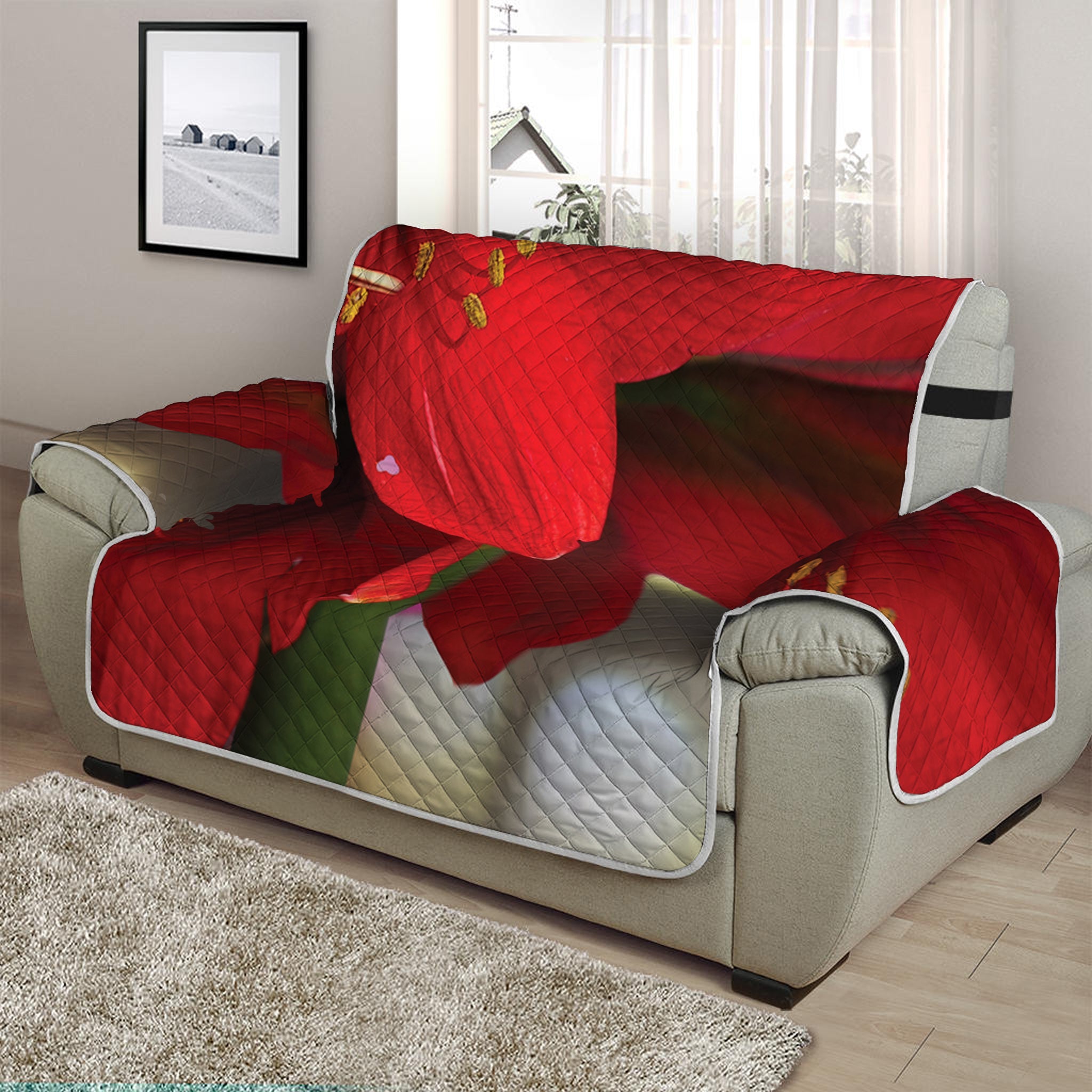 Red Amaryllis Print Half Sofa Protector