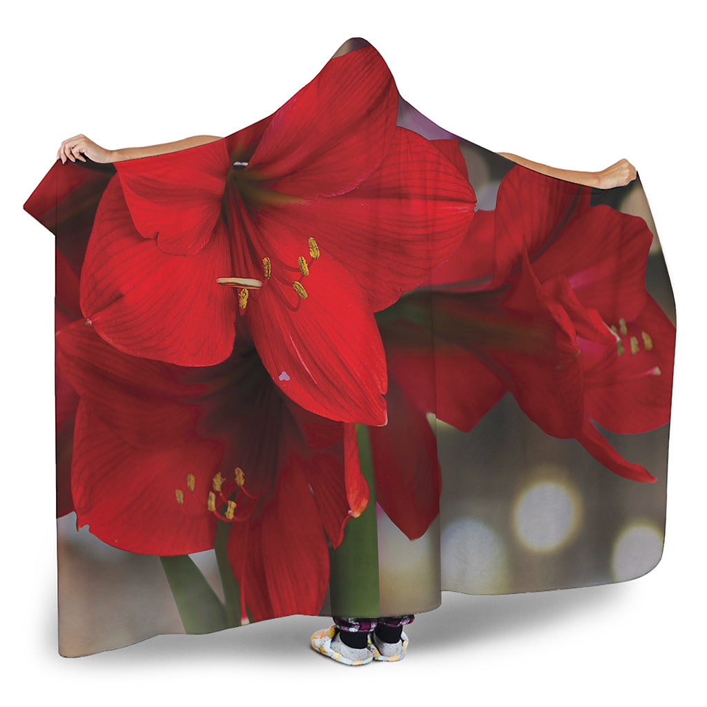 Red Amaryllis Print Hooded Blanket
