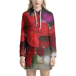 Red Amaryllis Print Hoodie Dress