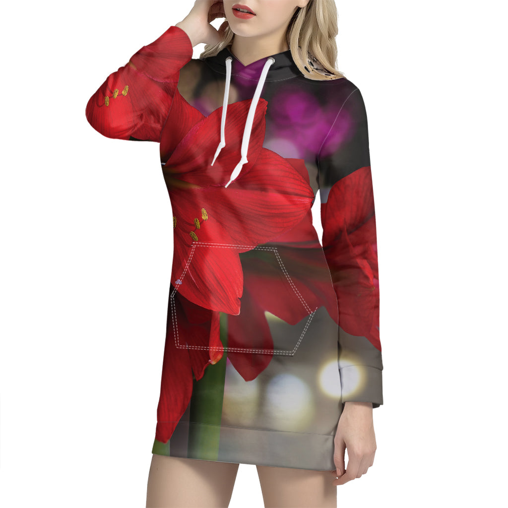 Red Amaryllis Print Hoodie Dress