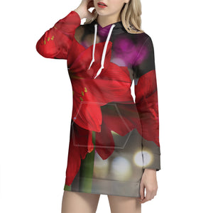 Red Amaryllis Print Hoodie Dress