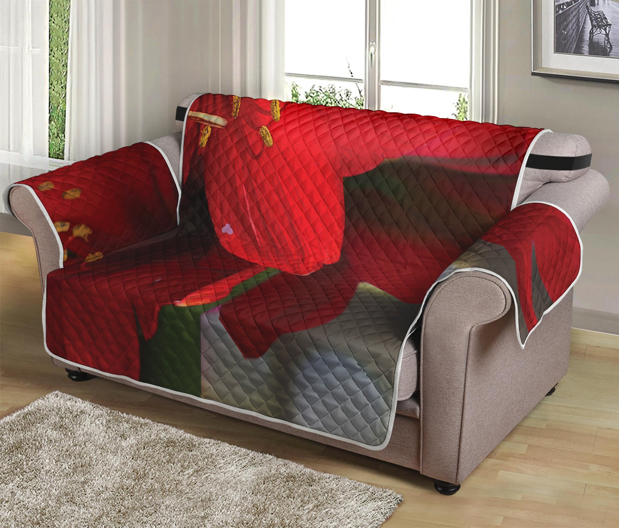 Red Amaryllis Print Loveseat Protector