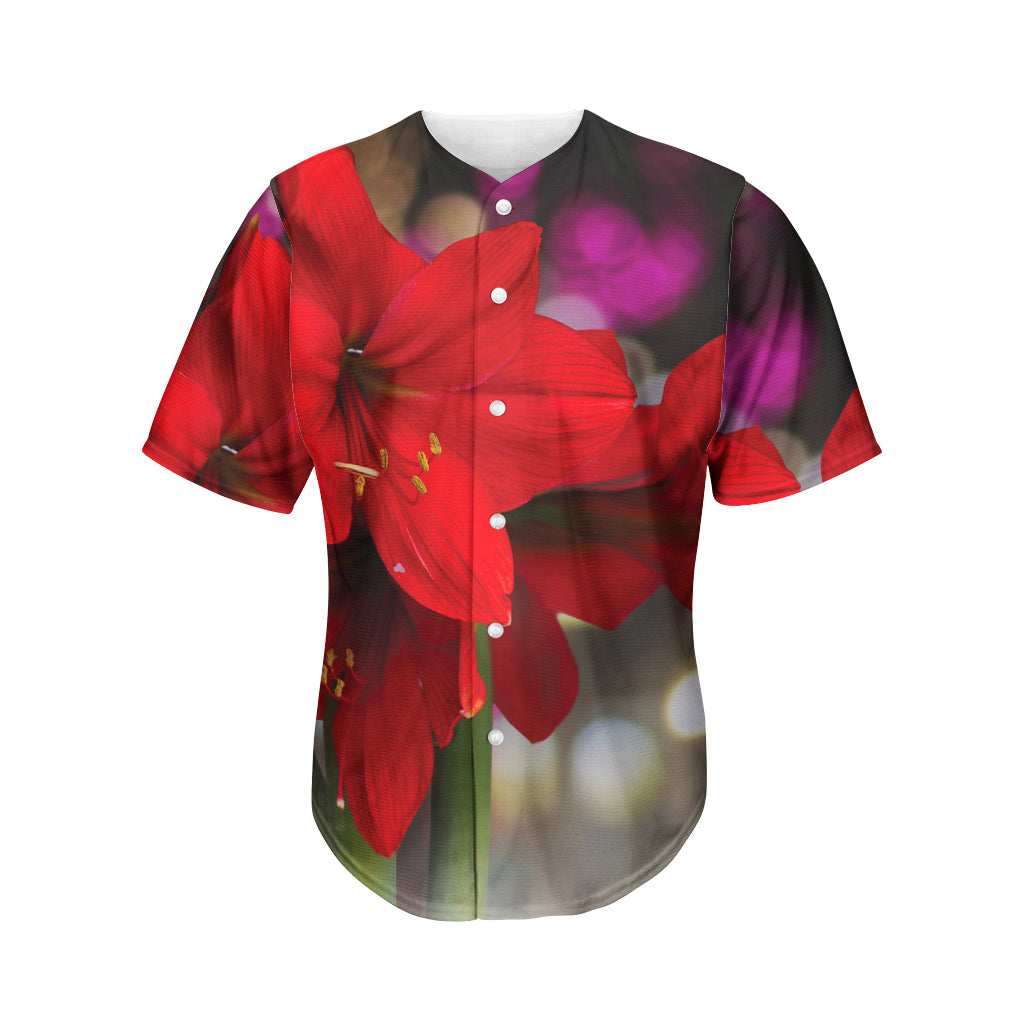 Red Amaryllis Print Men's Baseball Jersey