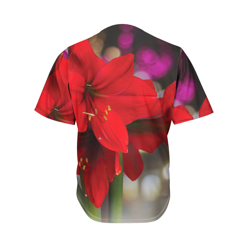 Red Amaryllis Print Men's Baseball Jersey