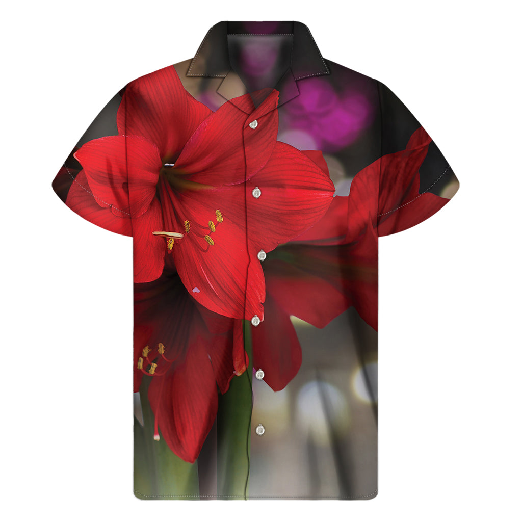 Red Amaryllis Print Men's Short Sleeve Shirt